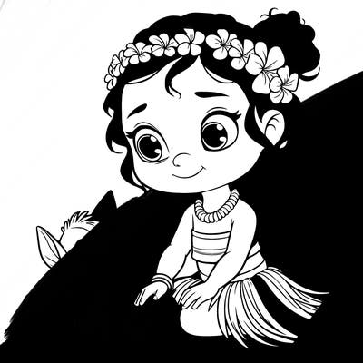 a litte hawain girl with a small animal by her side realistic