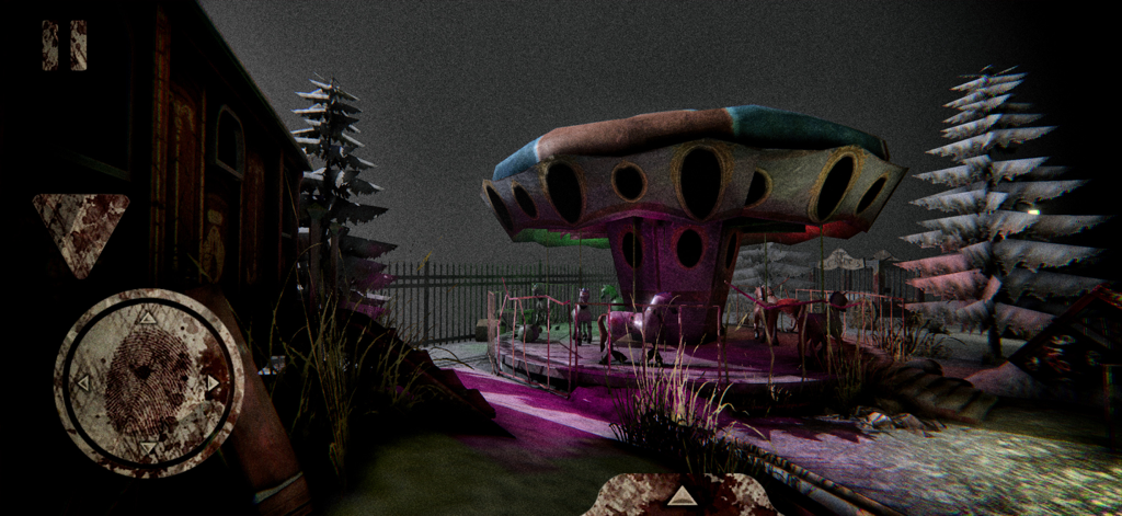 An abandoned carousel in a dark and scary amusement park