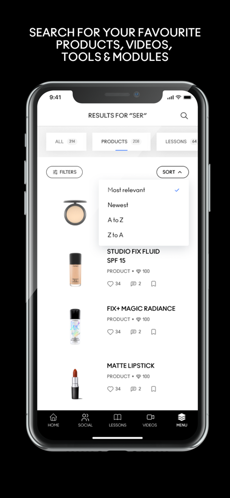 Écran de recherche de produits de l'application MAC X montrant des produits de maquillage comme Studio Fix Fluid et Fix Plus avec un menu de tri ouvert