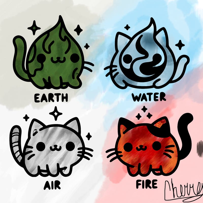 4 cats that represent the different elements, earth, water, air, and fire