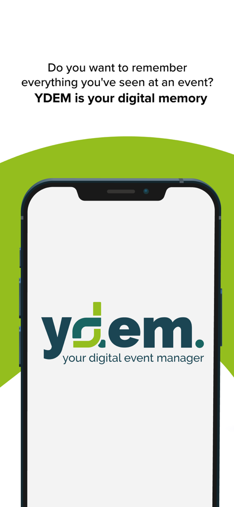Smartphone screen displaying the YDEM logo and tagline with text describing it as a digital memory for events