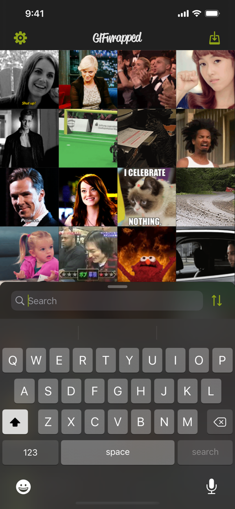 iPhone上のGIFwrappedアプリのインターフェース。リアクションGIFのグリッドとアクティブな検索バーが表示されている。