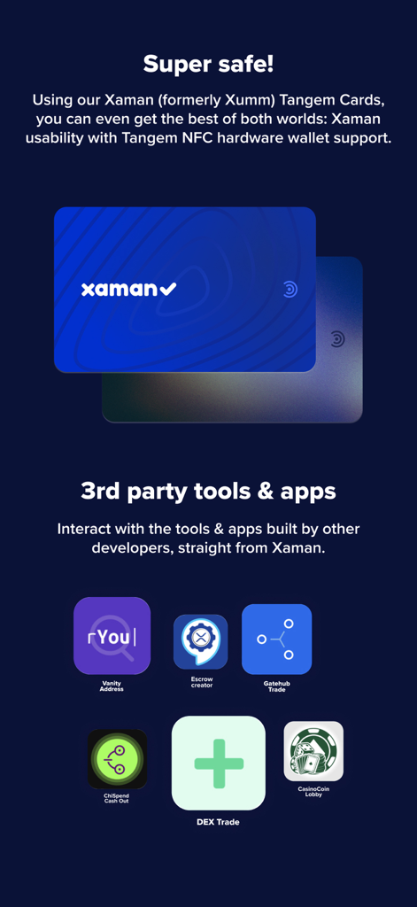 Xaman: XRP Ledger Wallet - Xaman app interface showing Tangem hardware wallet support and a collection of integrated third party tools and apps