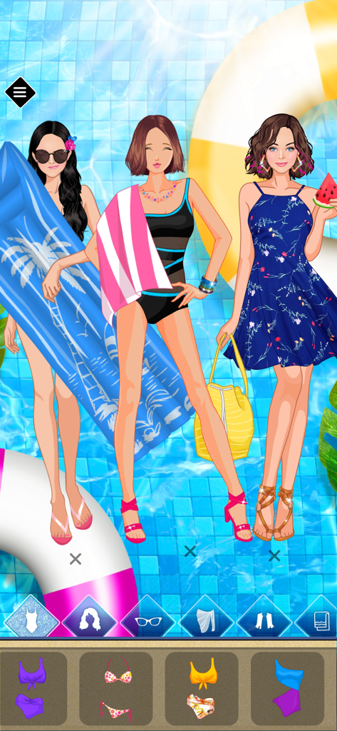 Summer Dress Up game - Three fashion dolls dressed in summer swimwear and floral dresses by a swimming pool.