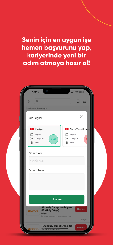 Secretcv - İş İlanı Ara & Bul - Mobile app screen showing a job application form with options to select a CV and add a cover letter in the Secretcv job search platform.