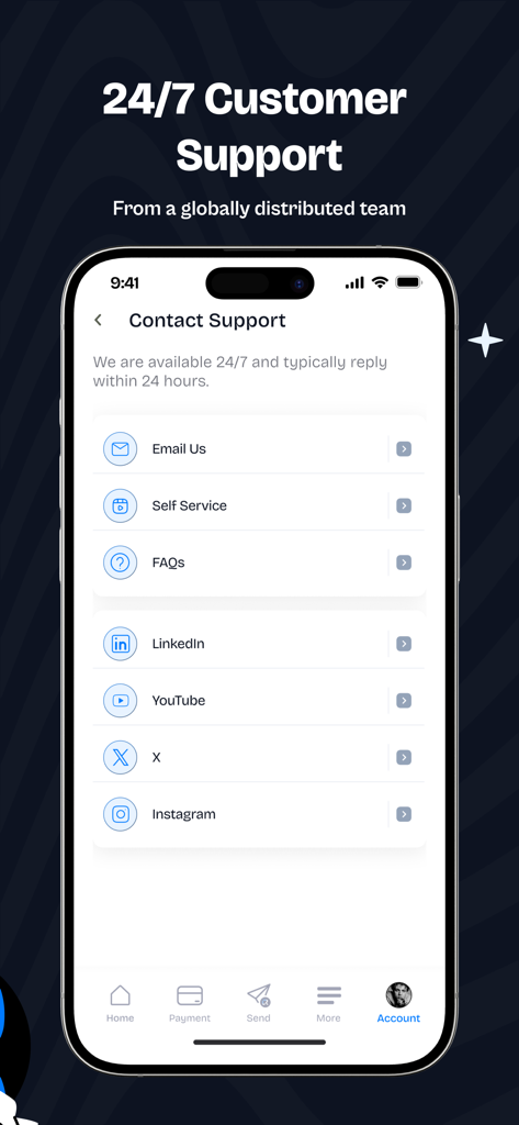 Radius (formerly Pay4Me App) - Radius app screen showing 24 7 customer support and contact options