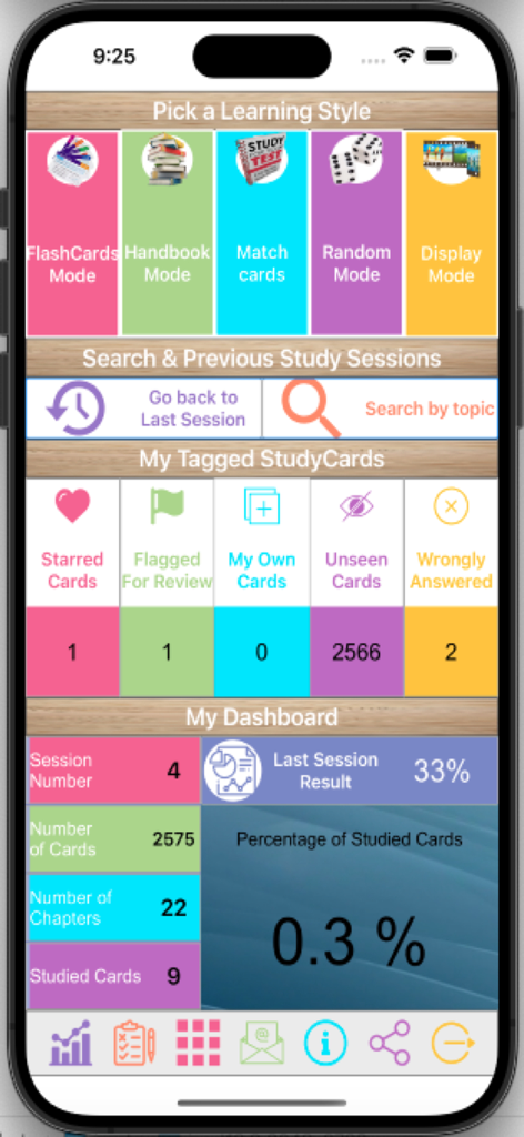 Mobile app dashboard showing learning modes and study progress for business and MBA students