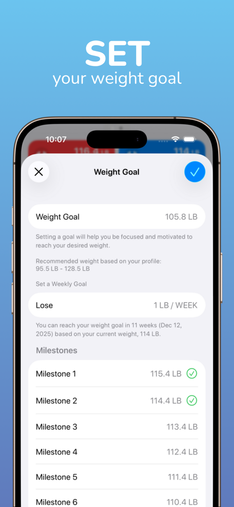 Weight goal setting screen showing progress milestones and target weight in the yourWeight app.
