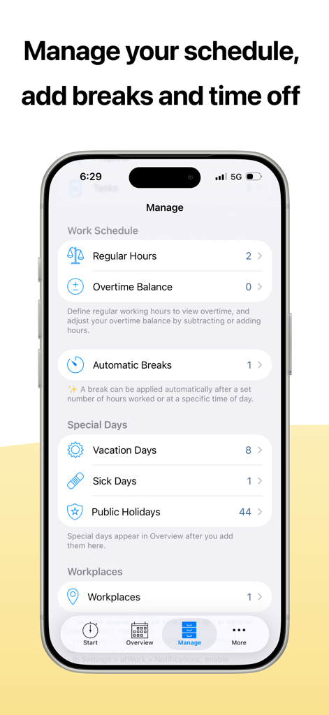 atWork Hours & Pay Tracker - Interfaccia dell'app atWork per la gestione degli orari di lavoro, delle pause automatiche e dei giorni di riposo