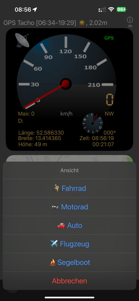 GPS Speedometer app interface showing an analog speed dial and a vehicle mode selection menu
