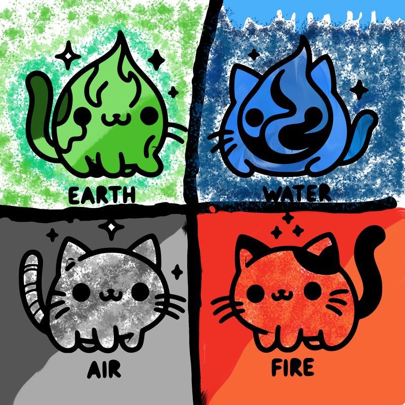 4 cats that represent the different elements, earth, water, air, and fire