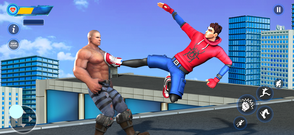 Flying Spider: Superhero Games - Superhero in red hoodie kicking a muscular enemy on a city rooftop