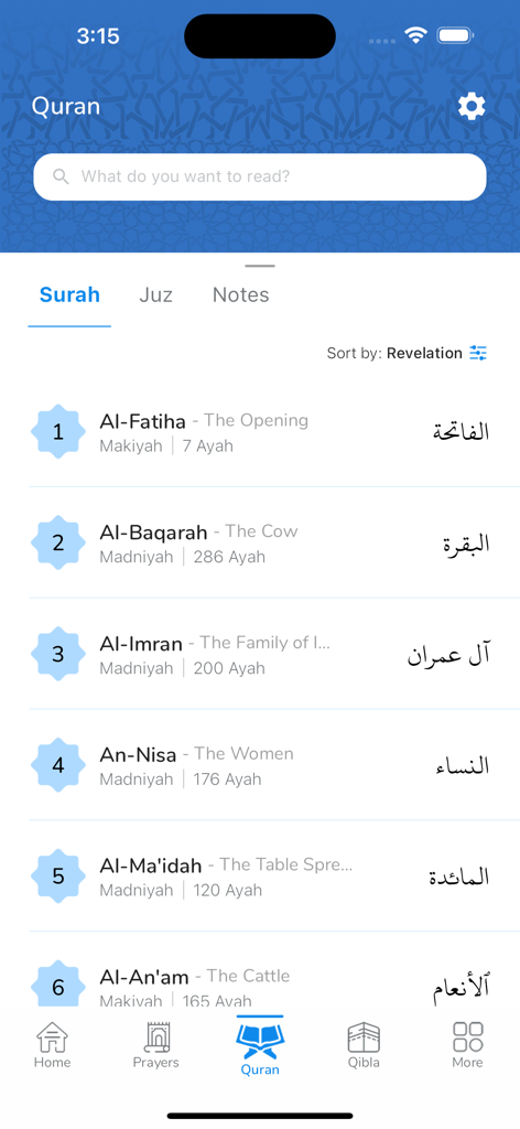 My Islam: Qur'an Prayer Tasbih - A clean mobile interface displaying the list of Quran Surahs in the My Islam app with Arabic and English titles