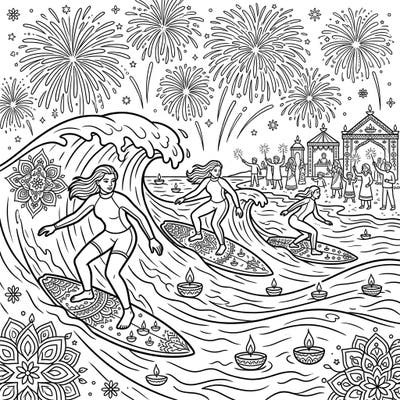 Dive into a vibrant celebration where the thrill of surfing meets the magic of Diwali! This unique coloring page features female surfers gracefully riding waves adorned with diyas and rangoli, under a spectacular fireworks display.