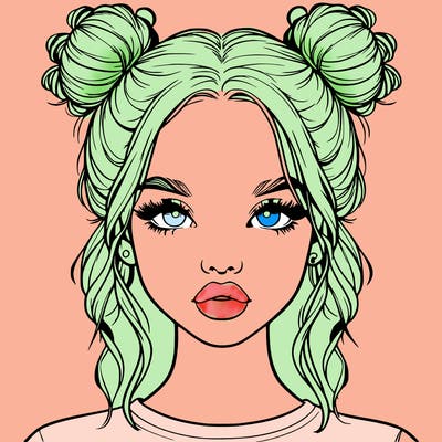realistic girl with two buns in hair and lips