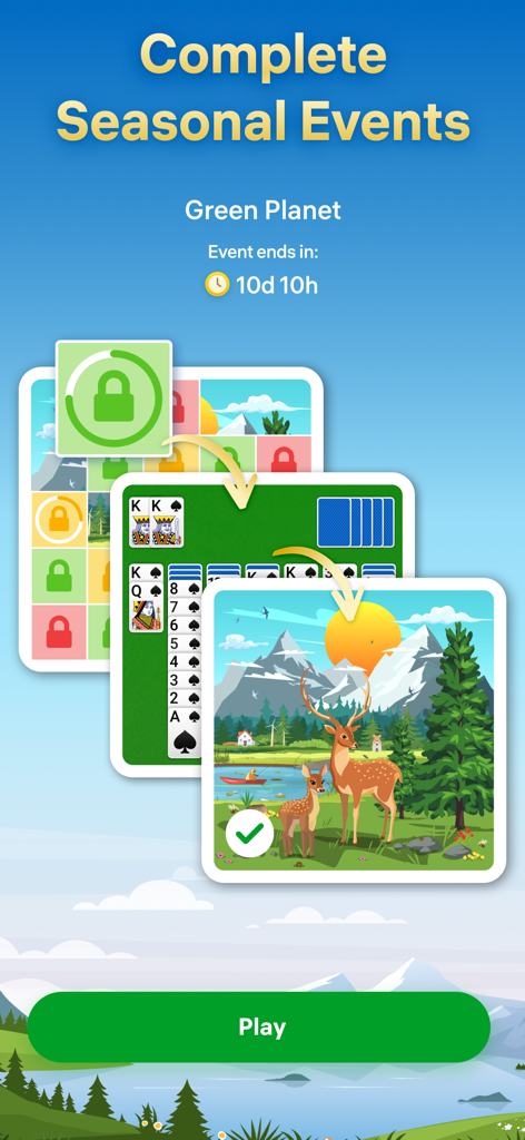 Spider Solitaire – Card Games - Écran des événements saisonniers de Spider Solitaire montrant la récompense d'un puzzle de paysage