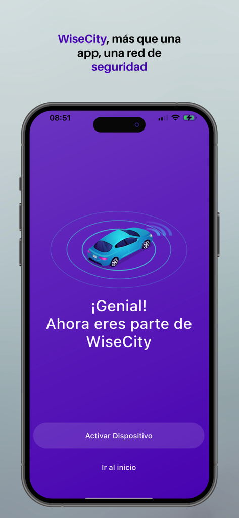 WiseCity - WiseCity App-Willkommensbildschirm auf einem Smartphone mit einem Autosymbol und einer Schaltfläche zum Aktivieren eines GPS-Geräts