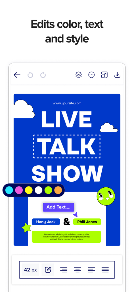 Poster Maker - Flyers Design - Screenshot of Poster Maker app showing options to edit color, text, and style for a flyer design