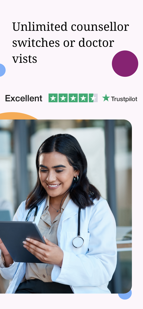 YourDoctors - Online Doctor - A smiling female doctor in a white coat looking at a tablet with a Trustpilot rating banner above