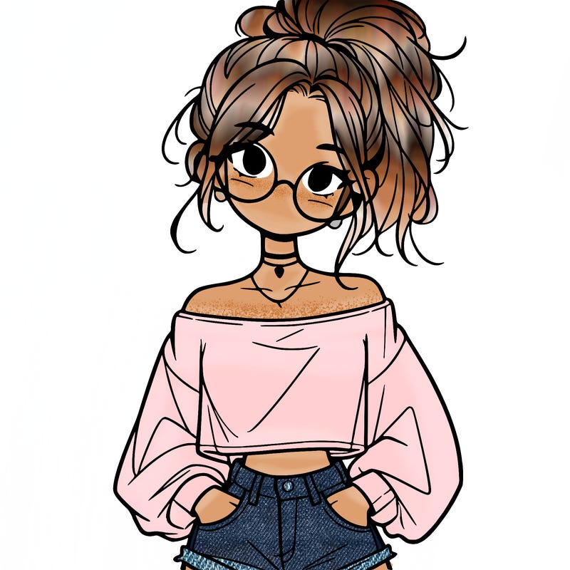 girl with a messy ponytail glasses a baggy crop top and jean shorts