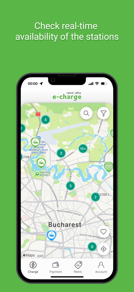 e-charge - Smartphone screen showing e-charge app map with real-time EV charging stations in Bucharest
