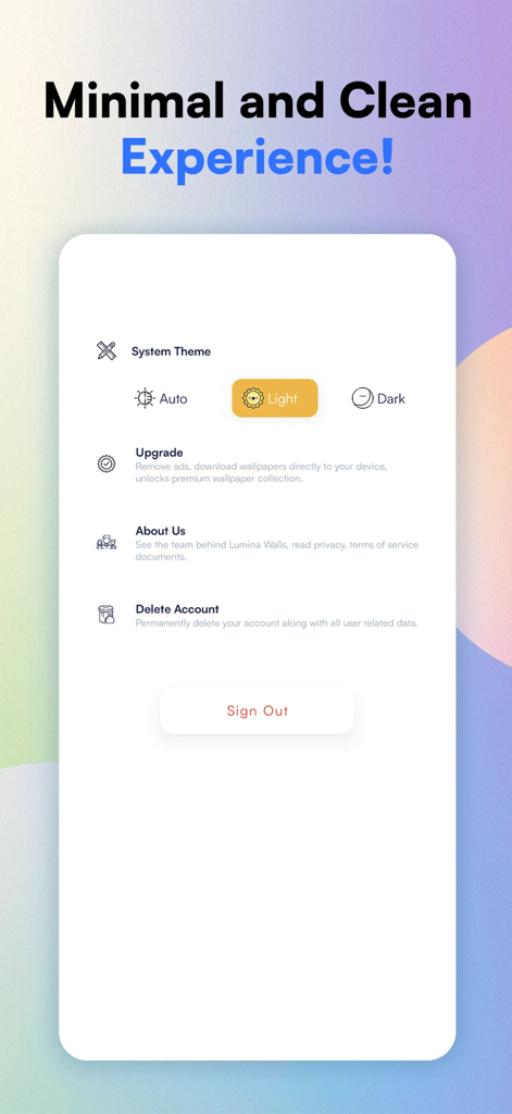 Lumina Wallpapers - Menú de configuración minimalista y limpio en la aplicación Fondos de Pantalla Lumina mostrando opciones de tema y cuenta.