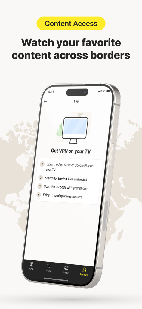 Norton VPN app screen showing a four-step guide to setting up the VPN on a smart TV for streaming across borders
