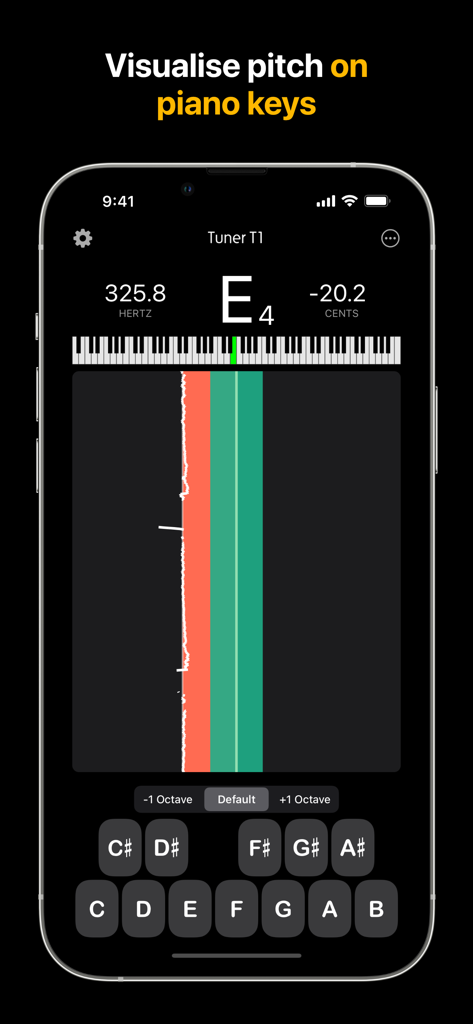 Tuner T1 Pro app interface showing a chromatic tuner with pitch visualization on piano keys
