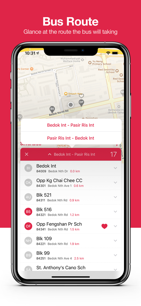 Singabus - Bus Timing + MRT - Screenshot of Singabus app displaying a bus route map and list of stops