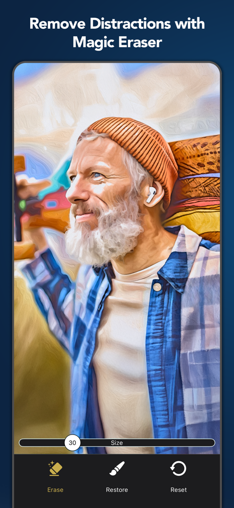 Oilbrush: Oil Painting Effects - Un retrato de un hombre con un gorro naranja siendo editado con la herramienta Magic Eraser en la aplicación Oilbrush