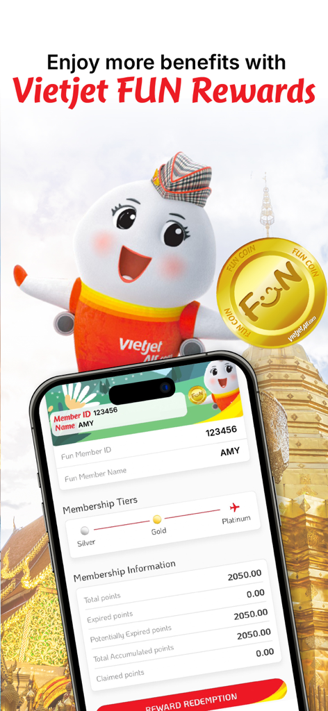 Vietjet Thailand - ベトジェットタイアプリのFUN Rewardsロイヤリティプログラム画面、会員ランクと合計ポイントを表示