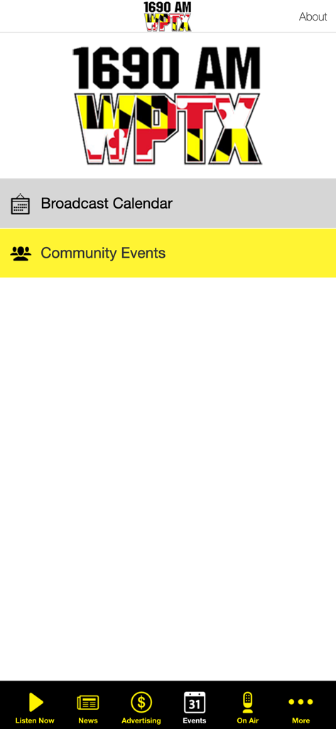 100.7FM & 1690 AM WPTX - WPTX radio app interface showing the community events and broadcast calendar menu options
