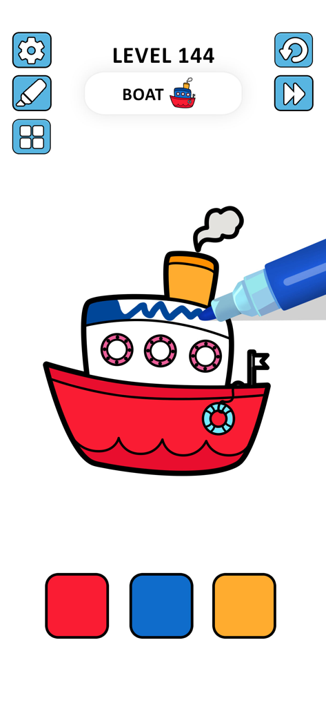 Coloring Page ASMR Drawing - A digital coloring book app interface showing a red and white boat being colored with a blue marker