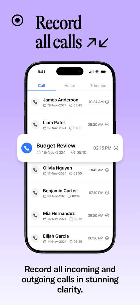 Call Recorder for iPhone Calls - Interface de l'enregistreur d'appels pour iPhone affichant une liste d'appels entrants et sortants enregistrés, y compris les noms, les dates et les durées.