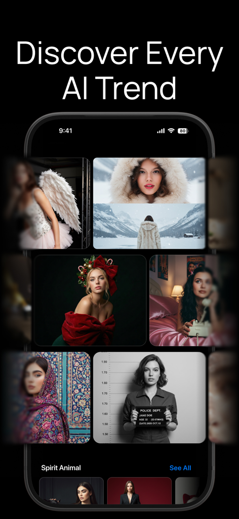 AI Image Generator - VisuAI - A mobile screen showing the VisuAI app with a gallery of various AI generated portraits and trending artistic styles.