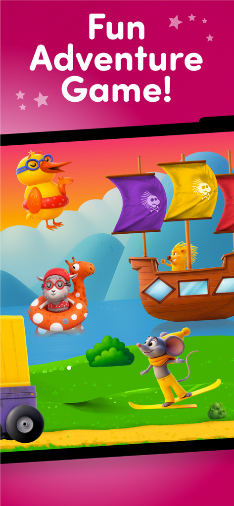 Rescue: Toddler games for kids - Cartoon animals in a colorful adventure scene with a pirate ship and a mouse skiing