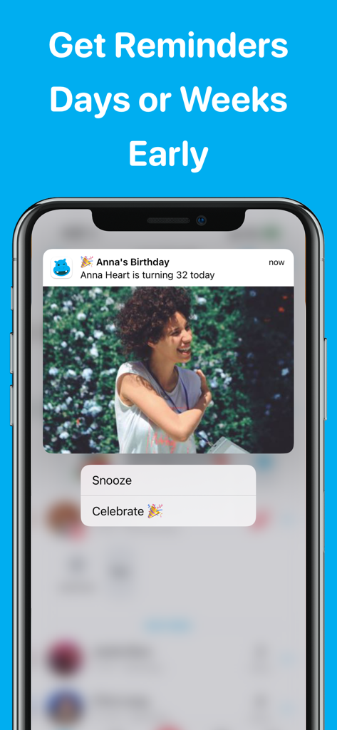 hip: Birthday Reminder & Cards - An iPhone displaying a birthday reminder notification with options to snooze or celebrate