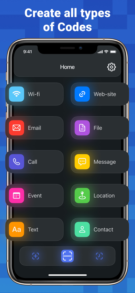 QR Scanner and Code Reader - Interfaz de una aplicación móvil que muestra opciones para crear varios códigos QR, incluyendo Wi-Fi, sitio web e información de contacto.