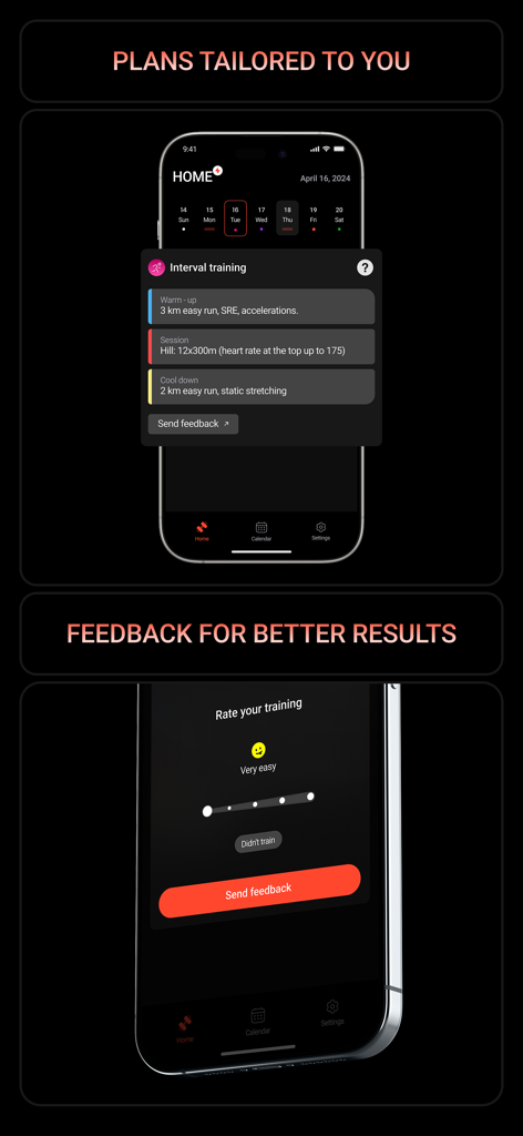 BeFasta Running Training Plans - BeFasta app interface showing a personalized interval training plan and a workout rating feedback screen