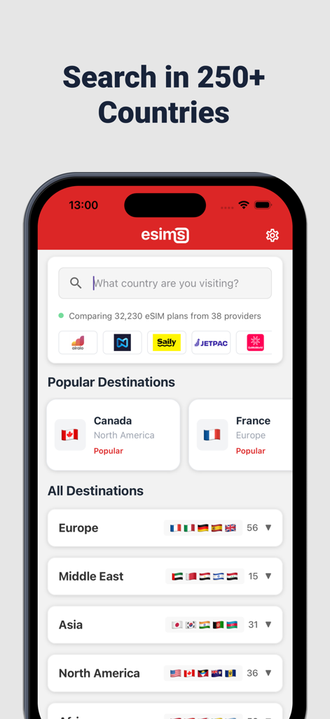 Search interface of the eSIMs app for comparing international data plans across 250 plus countries.