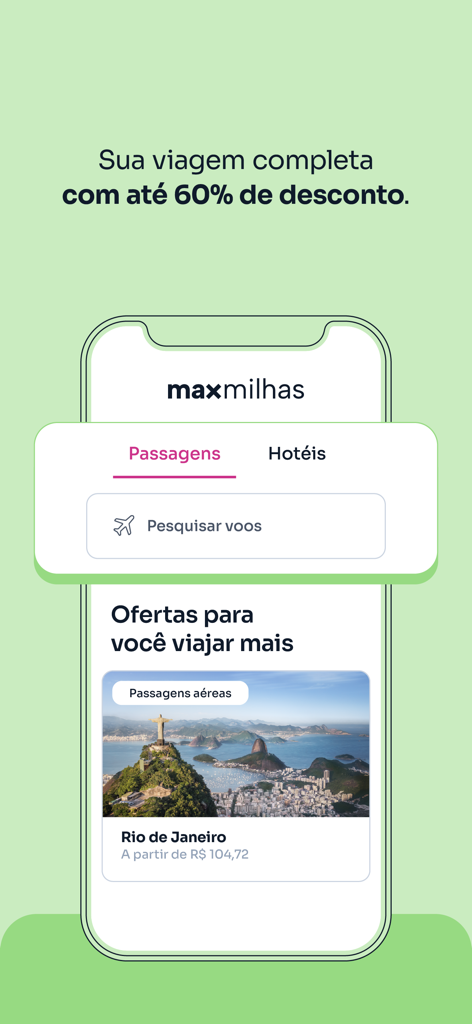 Maxmilhas app screen showing flight search and travel discounts up to 60 percent