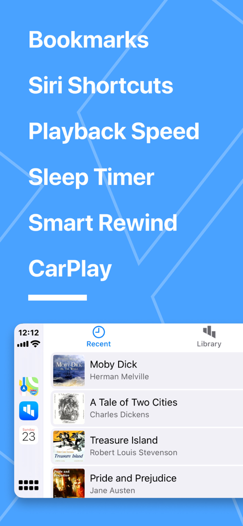 Bound - Audiobook Player - Bound 오디오북 플레이어 기능 목록 및 최근 도서 목록을 보여주는 CarPlay 인터페이스