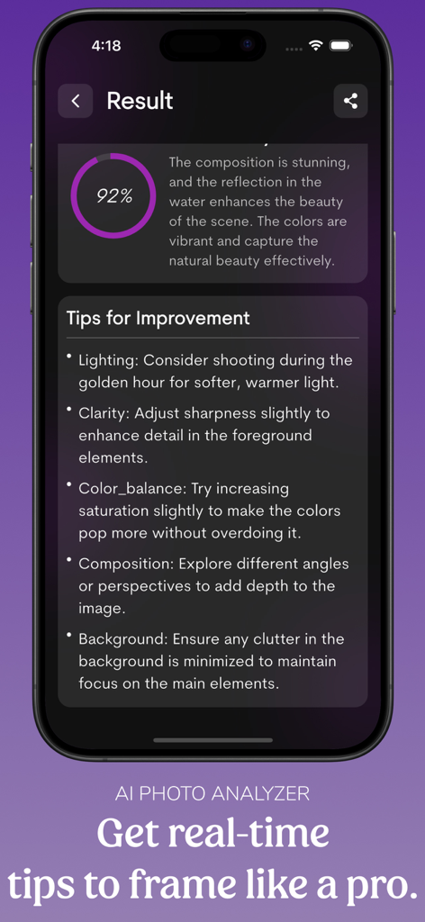 AI Photo Measure - Face Beauty - A smartphone screen displaying AI photo analysis results with a 92 percent score and professional tips for improving lighting and composition.