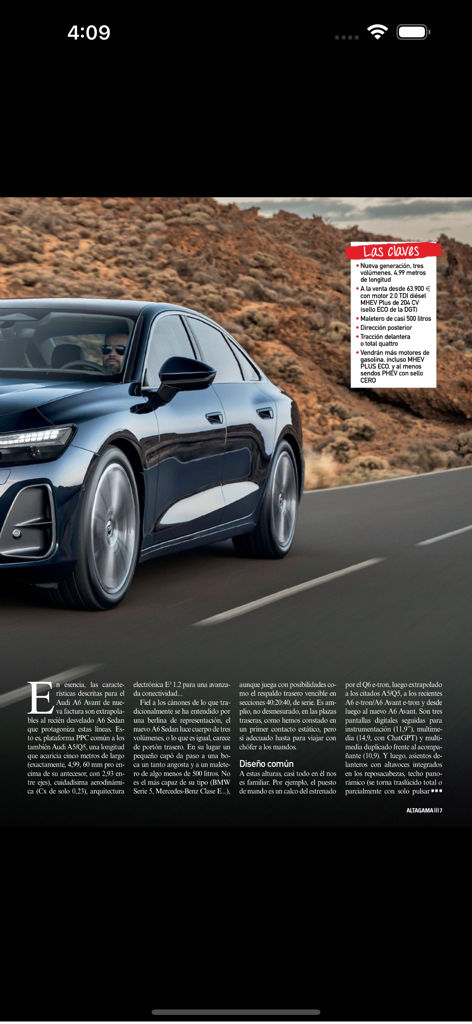 Digital magazine page showing a blue Audi A6 driving on a scenic road with technical specifications in Spanish.