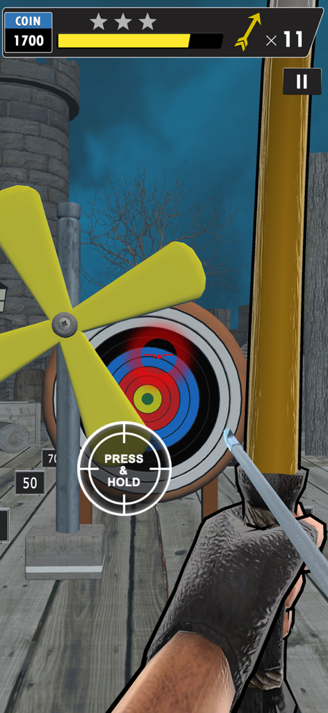 First person view of an archer aiming a bow at a bullseye target in a 3D environment
