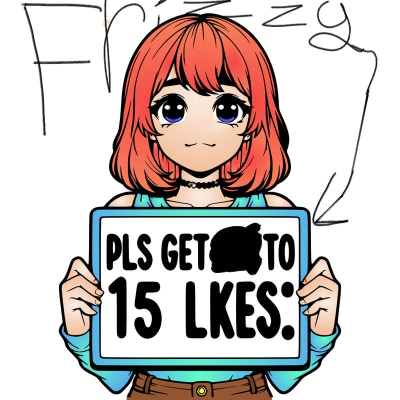 realistic girl holding up a sign that says “pls get me to 15 likes!”