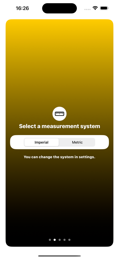 Pantalla de selección de sistemas de medición imperiales o métricos en la aplicación MOA RangeR