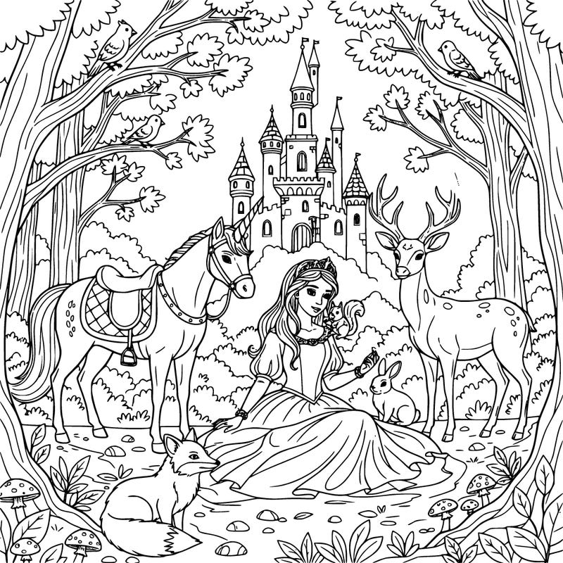 a princess in the woods with a castle in the background.   she is sitting among woodland friends.  there is a unicorn that is saddled