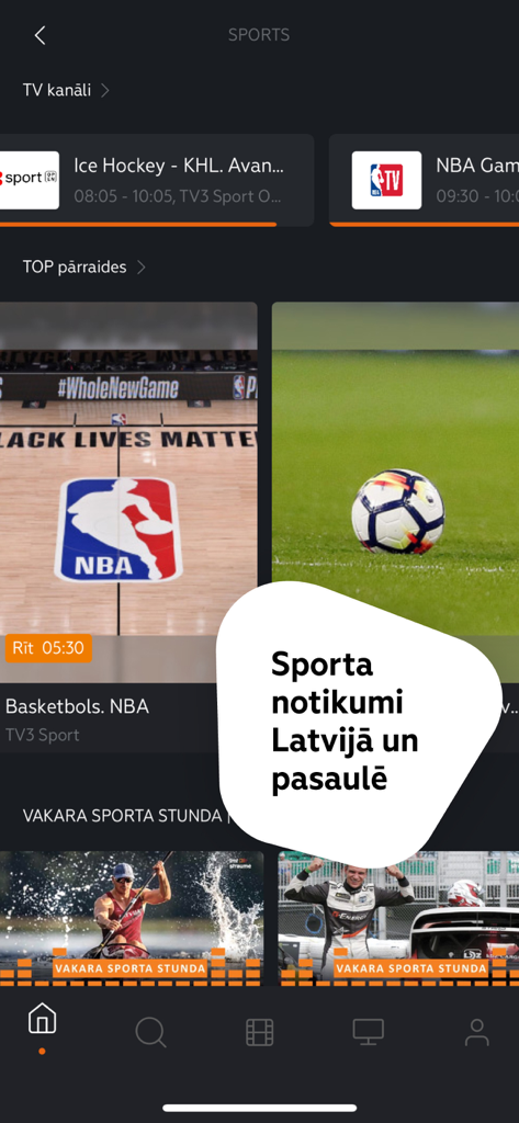 LMT Viedtelevīzija - LMT Viedtelevizija app sports section displaying basketball and hockey matches