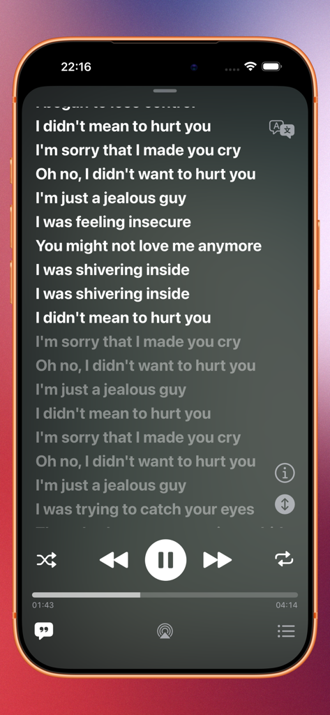 Aplicación móvil Finer Player mostrando letras de canciones sincronizadas y controles de reproducción de música